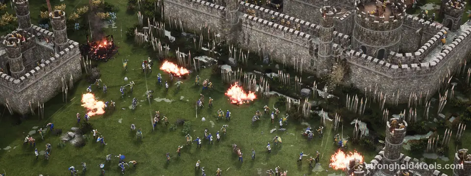 Defenders on the walls and towers of a stone castle in Stronghold 4, with wooden stakes in the moat below