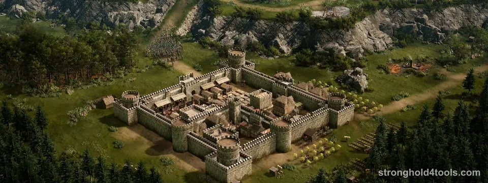 A stone castle with square towers and a walled bailey in a green valley, with a village and fields around it, in Stronghold 4