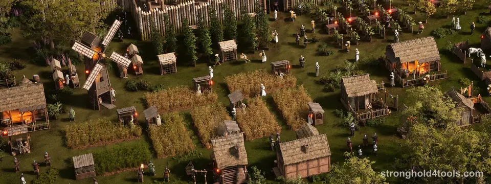 Small farms and wooden cottages in Stronghold 4: fenced crop fields, a windmill and peasants at work