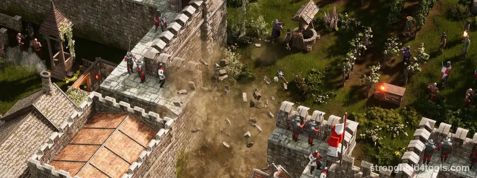Close view of a stone keep and courtyard in Stronghold 4: archers on the battlements, a well, flowers and peasants below