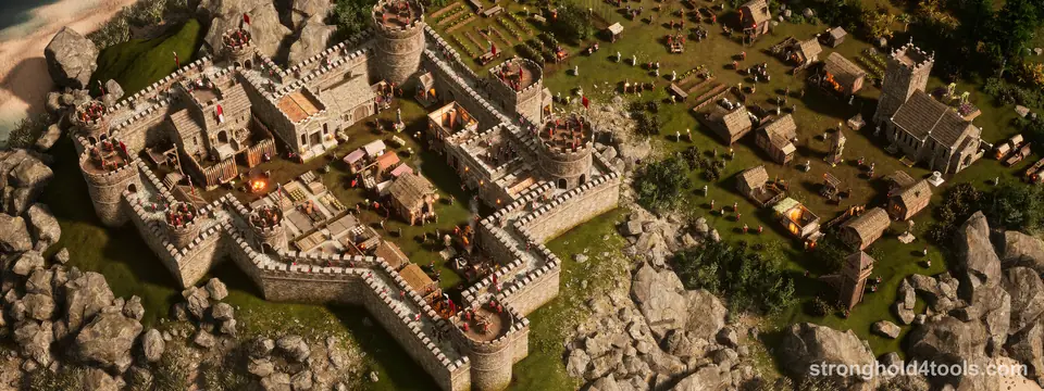 A stone fortress with star-shaped walls built among rocks above a sandy shore, with a village inside, in Stronghold 4