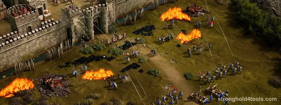 A siege outside a stone gatehouse in Stronghold 4: burning pitch on the grass and lines of soldiers advancing on the walls