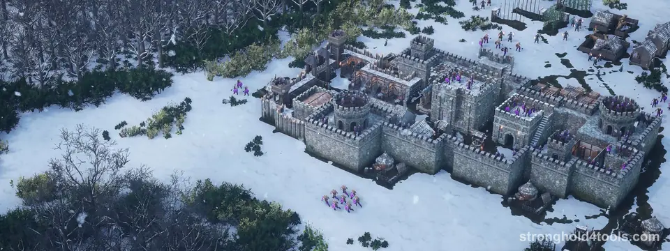 A large grey castle with many towers on a snowy plain beside a frozen forest, with troops in the snow, in Stronghold 4