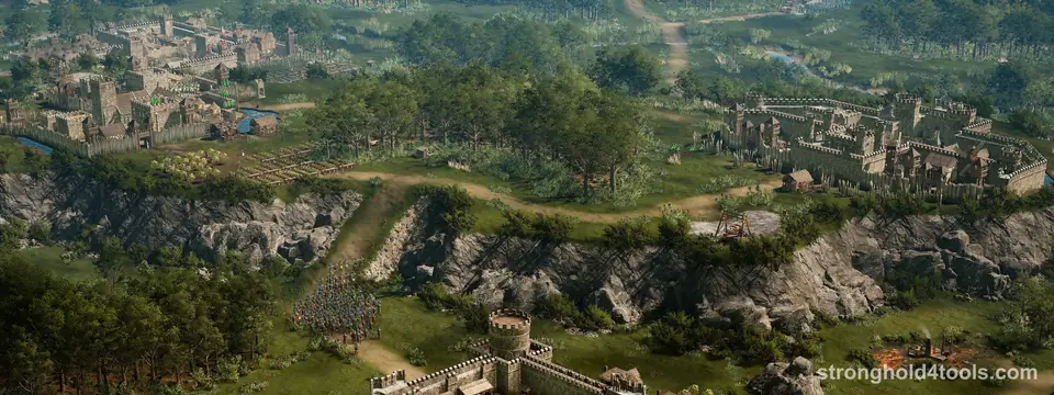 Two walled towns above rocky cliffs in a green valley in Stronghold 4, with an army marching up the road between them