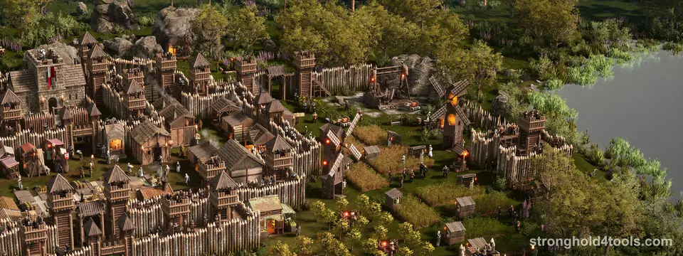 A busy medieval village behind wooden palisades beside a lake in Stronghold 4, with houses, workshops and smoke